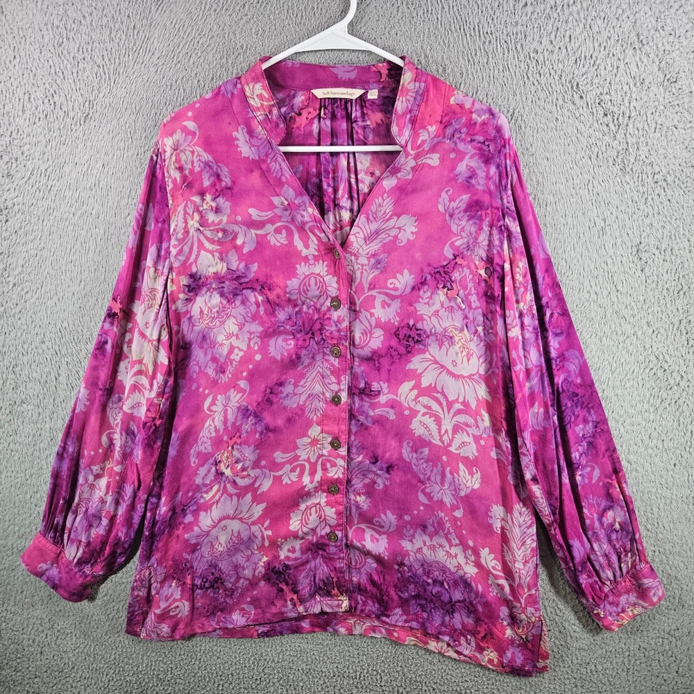 Soft Surroundings Womens Pink Purple Floral Damask Rayon Blouse Size M Boho